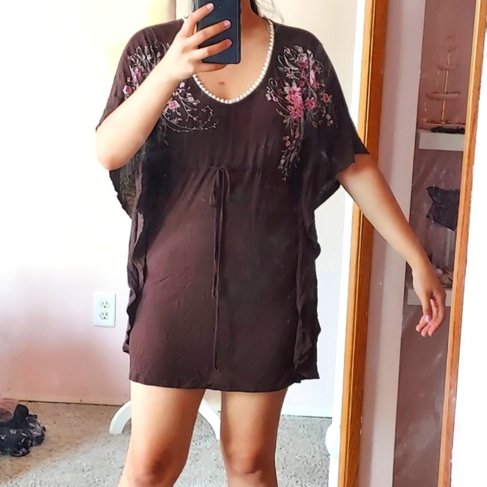 Monteau Los Angeles at Anthropologie floral print bat wing flutter sleeve dress